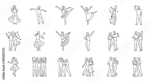 Collection of dance poses set of linear symbols for ballet, tango, waltz, and other dances vector illustration