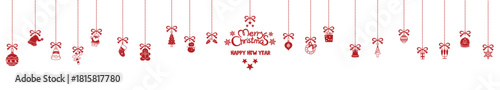 Hanging ornaments with bow and merry happy new year wish. Stringed holiday decorations with bows and happy greeting for new year.