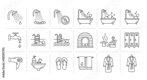 Collection of spa icons showcasing relaxation, wellness, and personal care in a simple and elegant line art style