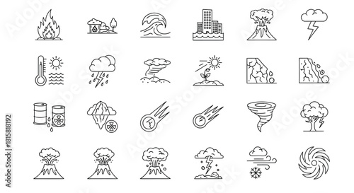 Collection of natural disaster icons set of black and white vector illustrations of hazard, risk, and emergency
