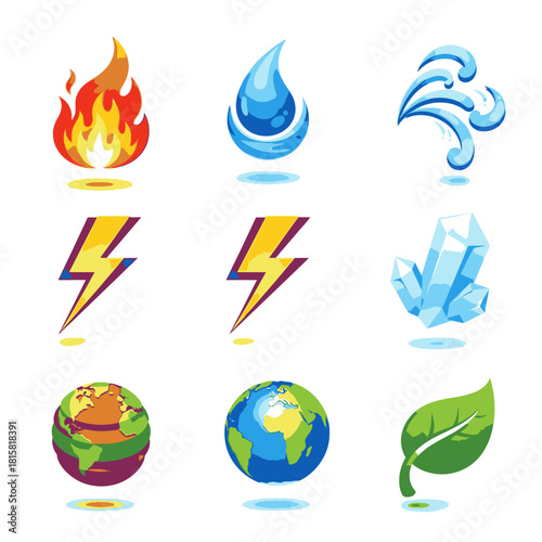 A collection of nine distinct elemental icons representing fire, water, wind, lightning, ice, earth, and nature.