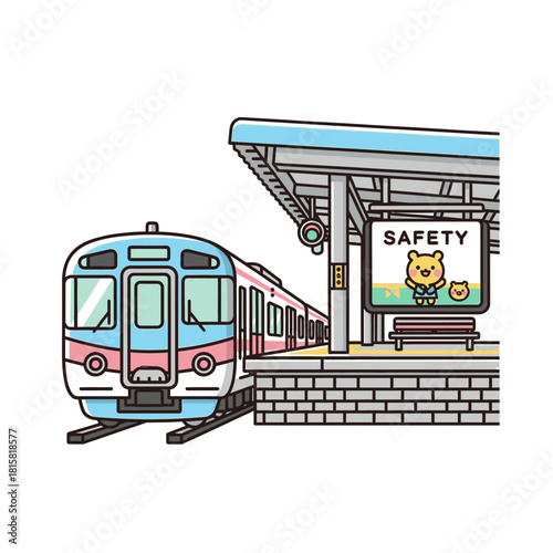 Cartoon illustration of a blue and pink train arriving at a station platform with a safety sign featuring cute animal characters.