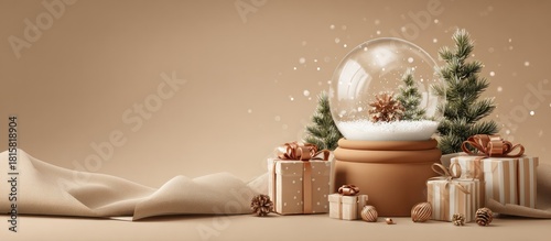 Festive Christmas Scene with Snow Globe and Gifts.