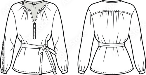 cad drawing flat vector illustration, blouse front back view, pleated neckline, waist tie belt, gathered cuff, fashion technical sketch