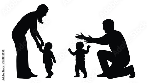 Parents helping babies walk silhouette isolated on white background, Vector
