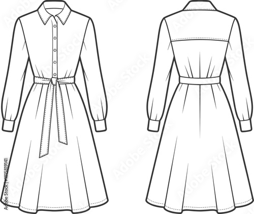 cad drawing flat vector illustration, collared dress front back view, waist tie belt, button front, fashion technical sketch