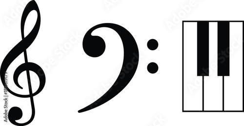 Treble clef, bass clef, piano, keyboard, music, symbol, icon, black, white, graphic, notation, sound, tone, harmony, melody, rhythm, instrument, classical, education, theory