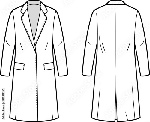 cad drawing flat vector illustration, long coat front back view, notched lapel collar, flap pockets, fashion technical sketch