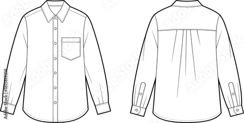 cad drawing flat vector illustration, long sleeve shirt front back view, fashion technical sketch, apparel design template, garment blueprint