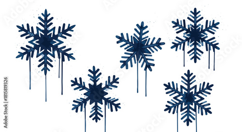 Set of five dark blue snowflakes designed in a modern graffiti or stencil style with a unique dripping paint effect on a white background.