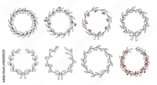 Collection of eight hand-drawn winter holiday wreaths featuring delicate leaves red berries and bows for festive card and invitation designs.