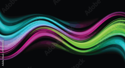 Abstract neon colorful waves background, vibrant fluid liquid flow lines on black, cad drawing flat vector illustration.