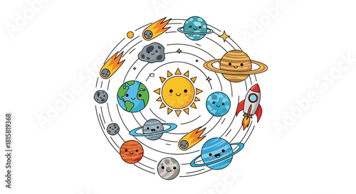 Adorable kawaii-style solar system illustration with cute smiling planets the sun a rocket and comets arranged in a fun circular composition.