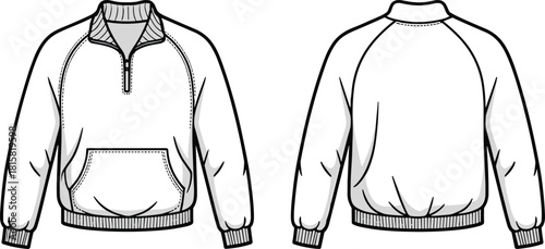 cad drawing flat vector illustration, pullover sweatshirt front back view, half zip hoodie, kangaroo pocket, fashion technical sketch