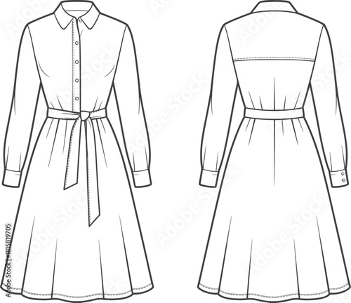 cad drawing flat vector illustration, shirt dress front back view, waist tie belt, pleated back, fashion technical sketch