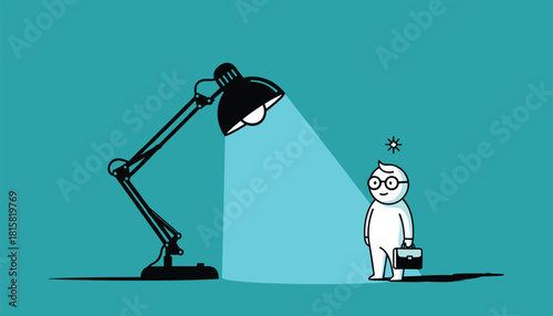 Desk lamp shining spotlight on small businessman character, recruitment and hiring concept, talent search, cad drawing flat vector illustration.