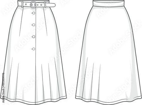 cad drawing flat vector illustration, skirt front back view, button placket, belt loops, flared silhouette, fashion technical sketch