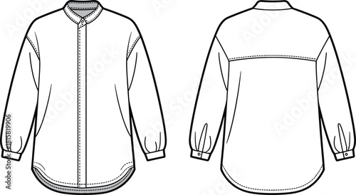 Long sleeve shirt technical flat sketch, band collar button placket front back view, fashion garment vector template, cad drawing flat vector illustration
