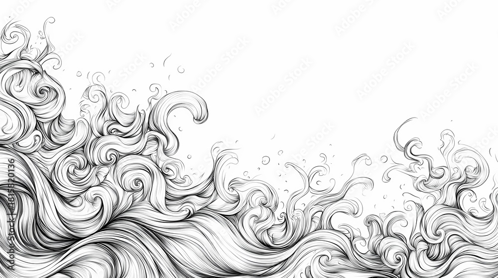 Fototapeta premium Intricate swirling lines depict powerful ocean waves across the lower portion of a white background.