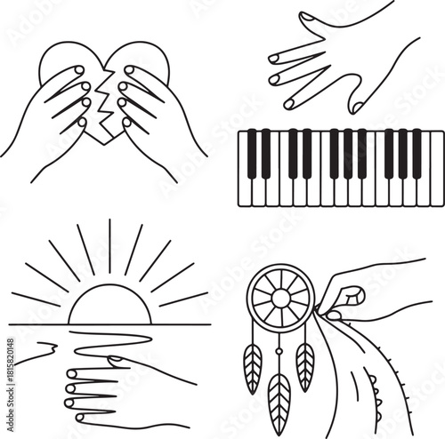 Hands interacting with elements such as broken heart sun keyboard and dream catcher