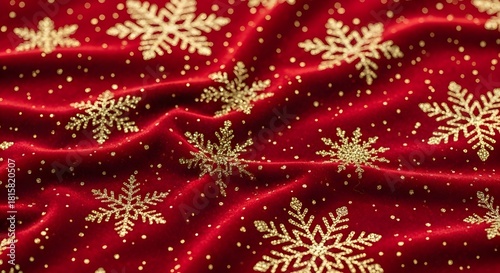 Red Christmas background with a red and gold Christmas tree and winter holiday snowflake decorations