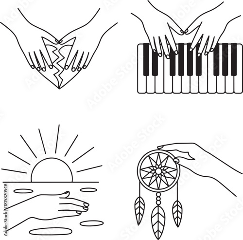 Hands interacting with elements such as crack sun keyboard and dream catcher
