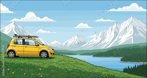 Yellow hatchback car with surfboard on roof rack, summer road trip landscape with mountains and lake, cad drawing flat vector illustration.