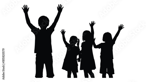 Children silhouettes with raised arms isolated on white background, Vector
