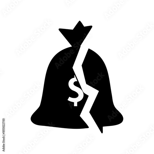 Broken money bag with dollar symbol, financial loss concept