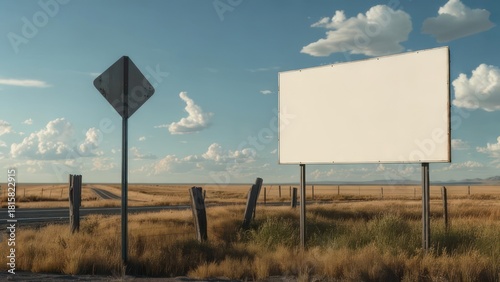 Vast Prairie Landscape with Blank Billboard, Weathered Road Sign, and Empty Highway under Blue Sky