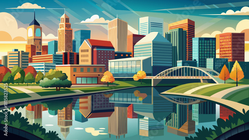 Very beautiful cityscape view of Dayton, Ohio, showcasing modern riverside buildings and bridges reflecting softly on the calm Miami River, creating a serene and balanced urban landscape composition.