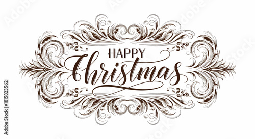 Elegant Happy Christmas Calligraphy Design with Ornate Flourishes.