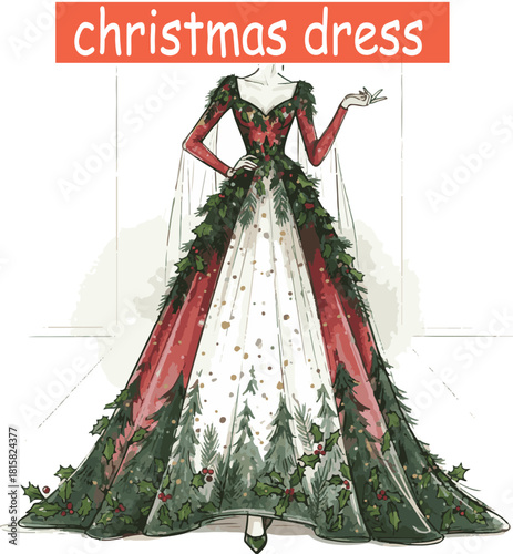 “Christmas Dress Design | Red and Green Festive Outfit with Christmas Tree Fur Details, Unique Holiday Fashion, Wonderful Symbol of Love and Celebration, Creative Xmas Clothing Illustration”