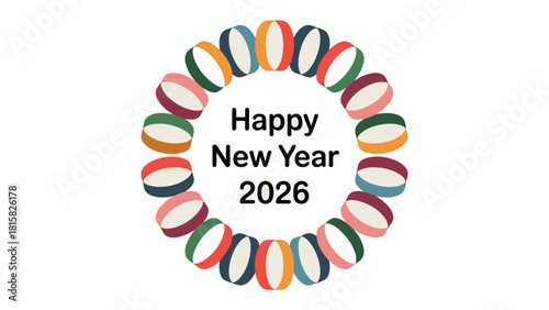 Happy New Year 2026: A vibrant and colorful design wishing viewers a Happy New Year, with an innovative and engaging circular arrangement of various-colored patterns. 