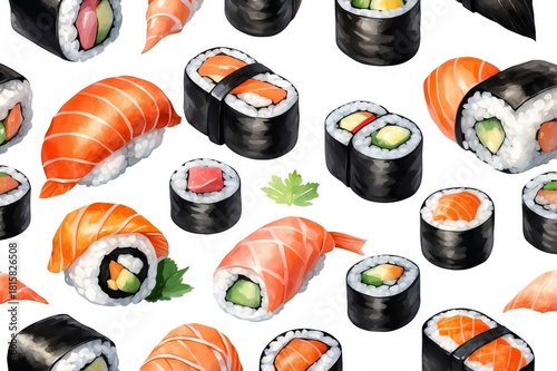 Watercolor illustration of various sushi rolls on a white background, repeating pattern