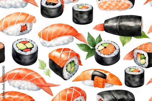 Watercolor illustration of various sushi rolls and nigiri arranged on a white background