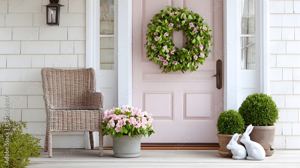 Fototapeta premium A welcoming spring scene on a residential front porch featuring a soft pink door adorned with a lush green wreath accompanied by a woven chair potted flowers and decorative white bunnies