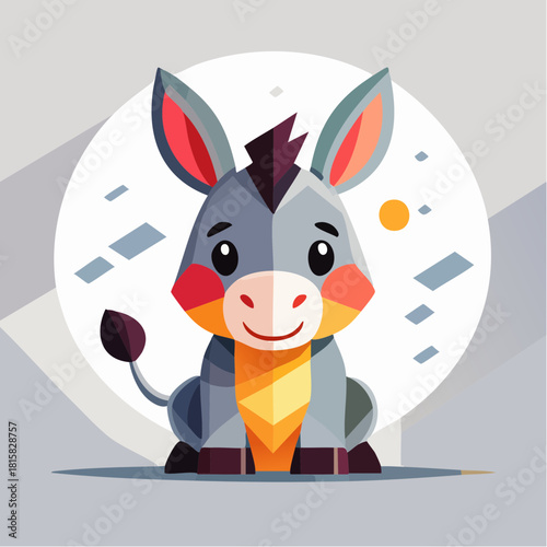 Cute cartoon donkey illustration in a modern flat geometric style. A friendly and adorable farm animal mascot character design for children