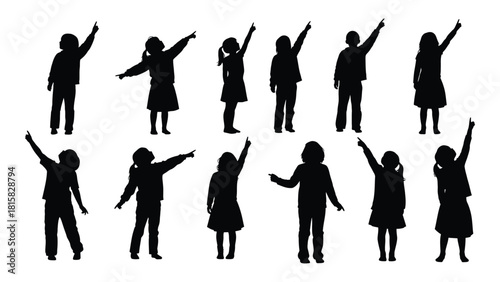 Children silhouettes pointing up and away isolated on white background, Vector