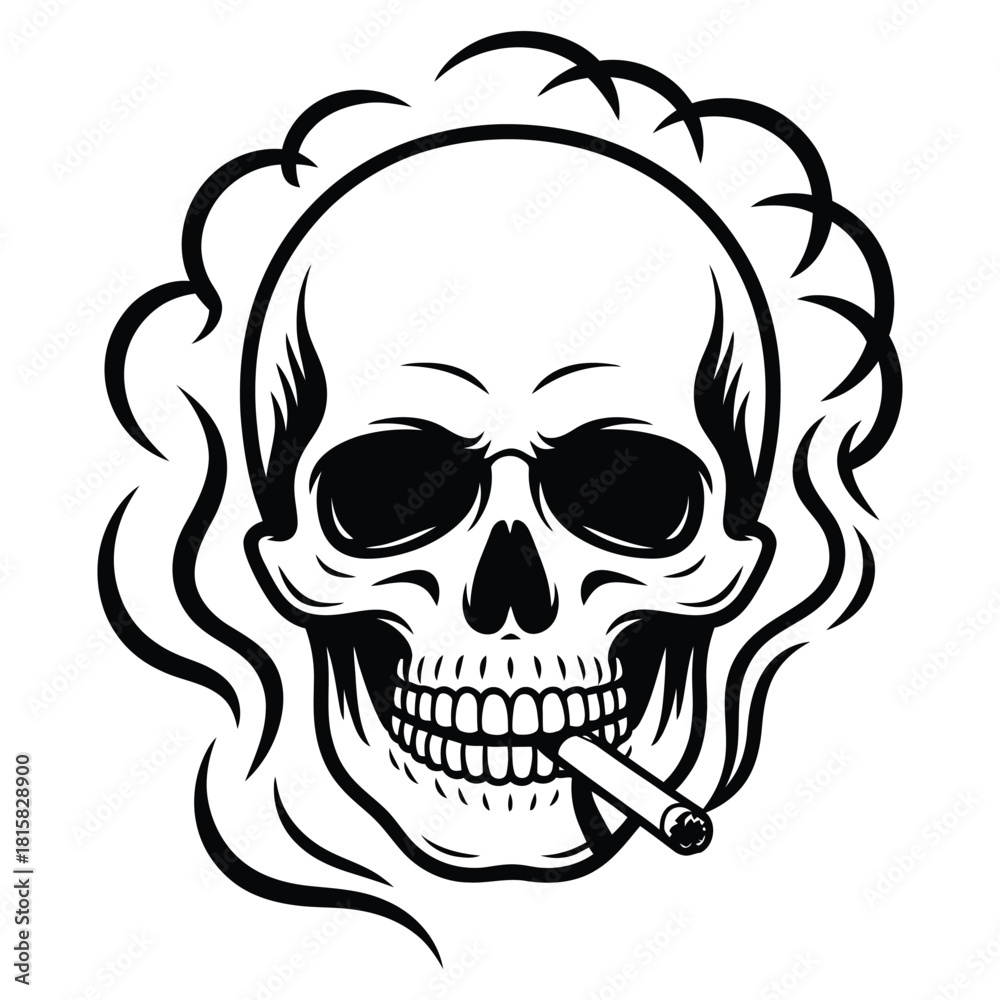 Fototapeta premium Smoking skull isolated on, a monochrome vector illustration depicting a skull with a cigarette, embodying themes of mortality, rebellion, and edgy style