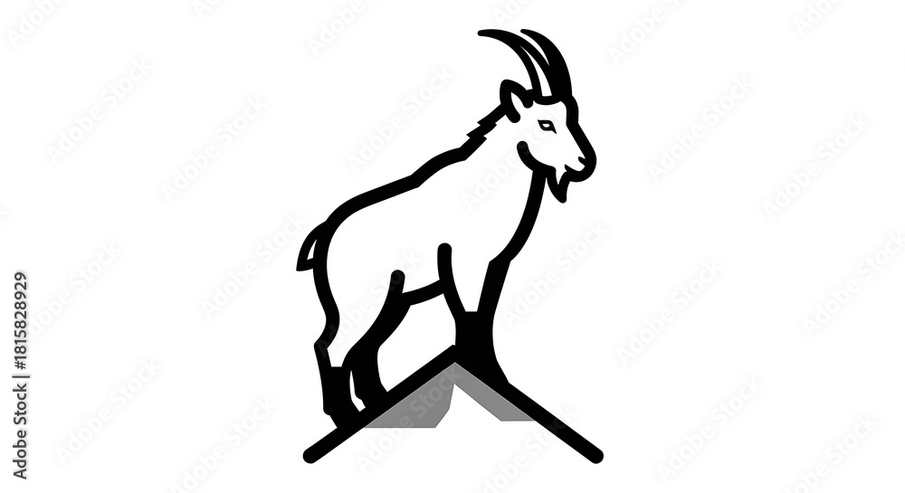 Fototapeta premium Minimalist black line art of a mountain goat ibex standing on a peak.