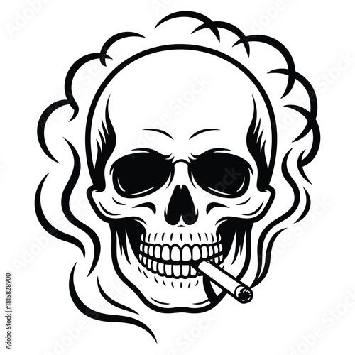 Smoking skull isolated on, a monochrome vector illustration depicting a skull with a cigarette, embodying themes of mortality, rebellion, and edgy style