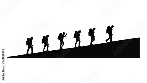 Hikers ascending hill silhouette isolated on white background, Vector