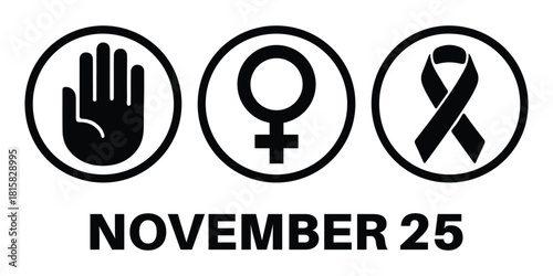 November 25 Awareness Icons,  stop hand, female symbol, ribbon emblem, violence prevention graphics, Stop Violence Set, hand icon, gender sign, ribbon badge for women protection