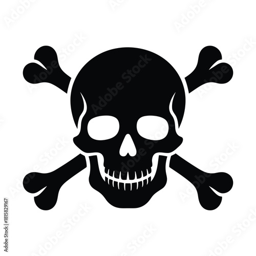 A black and white illustration of a skull and crossbones, a classic symbol of danger and piracy, isolated on