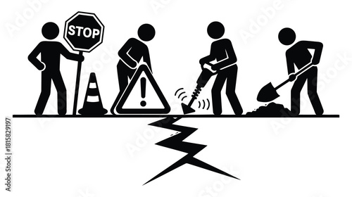 Construction Worker Silhouettes, road work scene, stop sign, hazard crack illustration, Worksite Crew Icons, digging workers, broken ground symbol, caution sign graphic