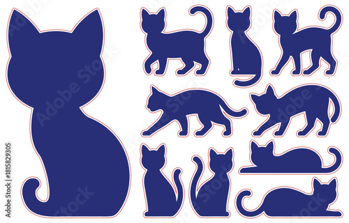 Cat Silhouette Collection, sitting cat, walking cat, playful poses, feline icon set, Feline Icon Pattern, pet cat shapes, various postures, simple blue silhouettes