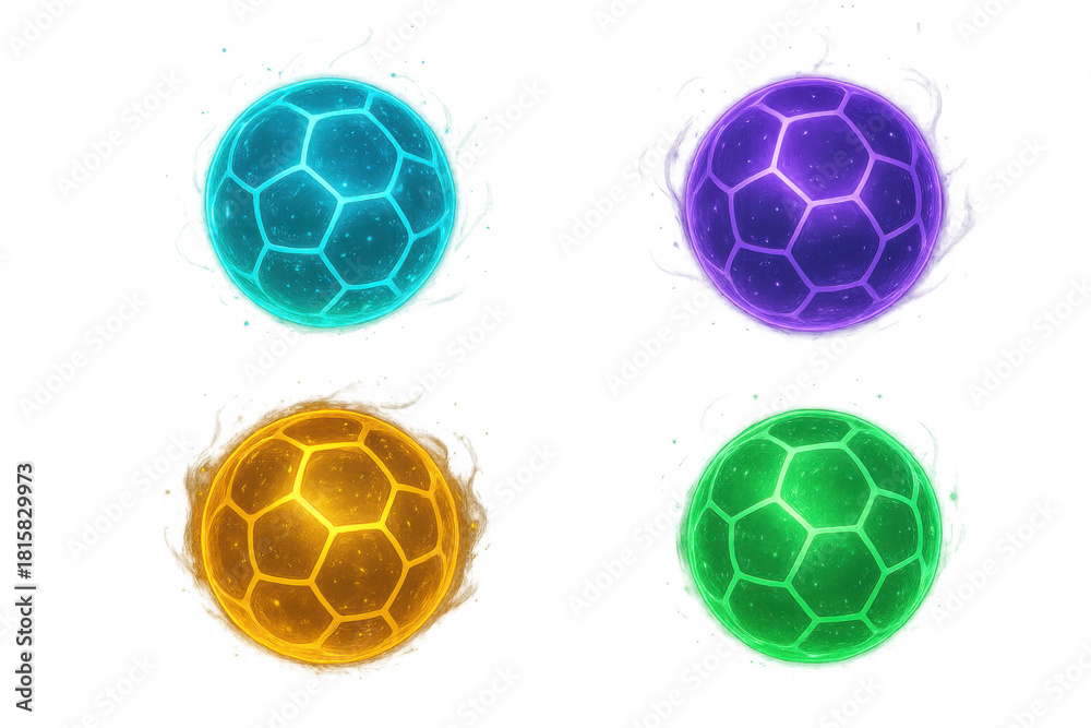 Obraz premium Futuristic energy orbs set in diverse colors with glowing hexagonal patterns, vibrant sci-fi elements