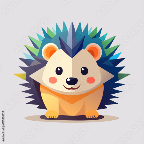Adorable cartoon hedgehog mascot with colorful geometric quills. A cute and friendly animal character illustration in a modern flat vector style, isolated on a clean background