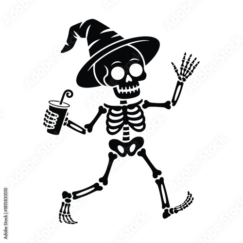 A whimsical skeleton in a witch hat joyfully strides forward, clutching a beverage, isolated on a playful halloween or gothicthemed design element